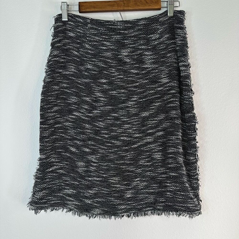 Rickie Freeman for Teri Jon Linen Blend Marled Knit Pencil Skirt w Fringe Trim